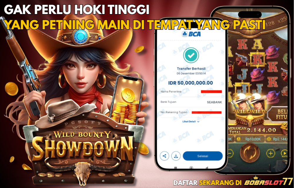 Selamat kepada user id : ir****87 Wede Rp 50.000.000 di Game WILD BOUNTY SHOWDOWN PG SOFT Cair Gk Sampe 1 Menit! Menang Mudah di Bobaslot77